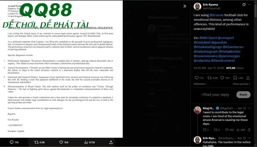 Một CĐV Arsenal đòi kiện CLB vì thành tích kém cỏi trong thời gian gần đây (ảnh: Chụp màn hình).